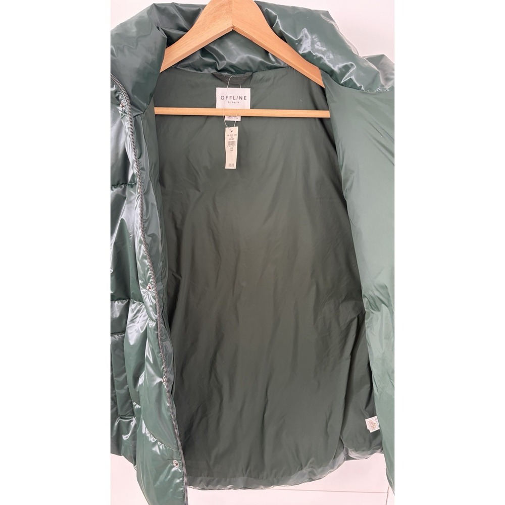 Offline By Aerie Green Shiny Glossy Puffer Vest Size XL Zip & Snap W/Pockets - Picture 9 of 12